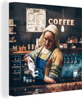 Canvas - Koffie - Melkmeisje - But first coffee - Barista - Kunst - Schilderij - 90x90 cm - Canvas schilderij