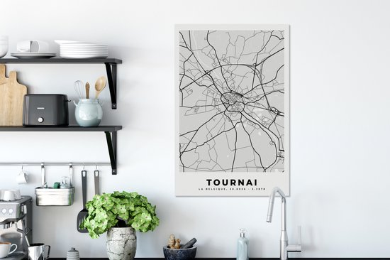 Toile Peinture Plan de Ville - Carte - België - Zwart Wit - Tournai - Carte - 40x60 cm - Décoration murale