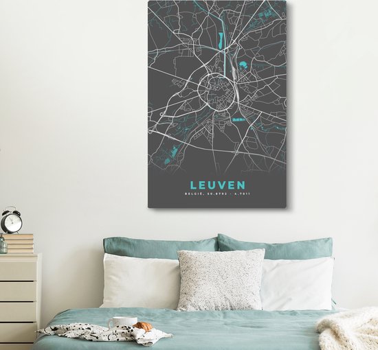 Peinture sur Toile Carte - Louvain - Blauw - Plan de Ville - Carte - België - 120x180 cm - Décoration murale XXL