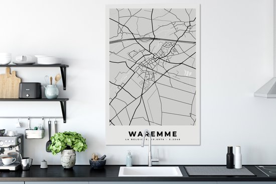 Canvas schilderij 90x140 cm - Wanddecoratie Stadskaart – Zwart Wit - Kaart – Waremme – België – Plattegrond - Muurdecoratie woonkamer - Slaapkamer decoratie - Kamer accessoires - Schilderijen