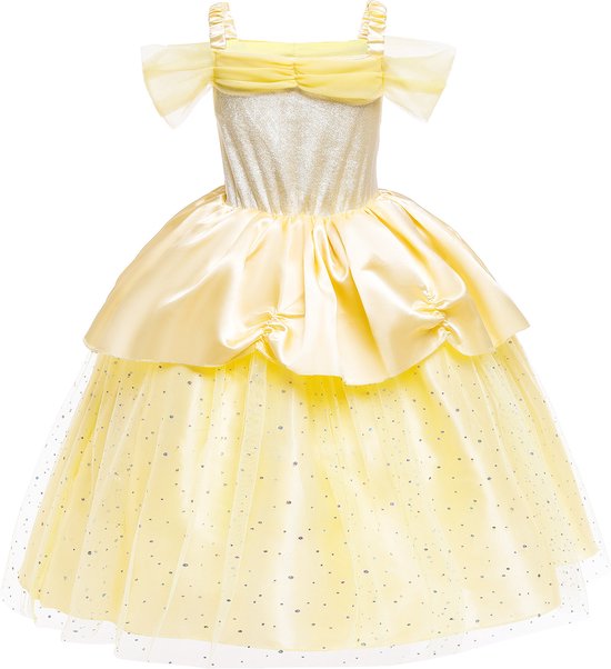Robe Joya Beauty® Belle Dress Up | Princesse Robe | Déguisements La Belle et la Bête | Taille 116-122 (120) + couronne, bâton, Gants, collier, Ring et boucles d' Boucles d'oreilles GRATUITS