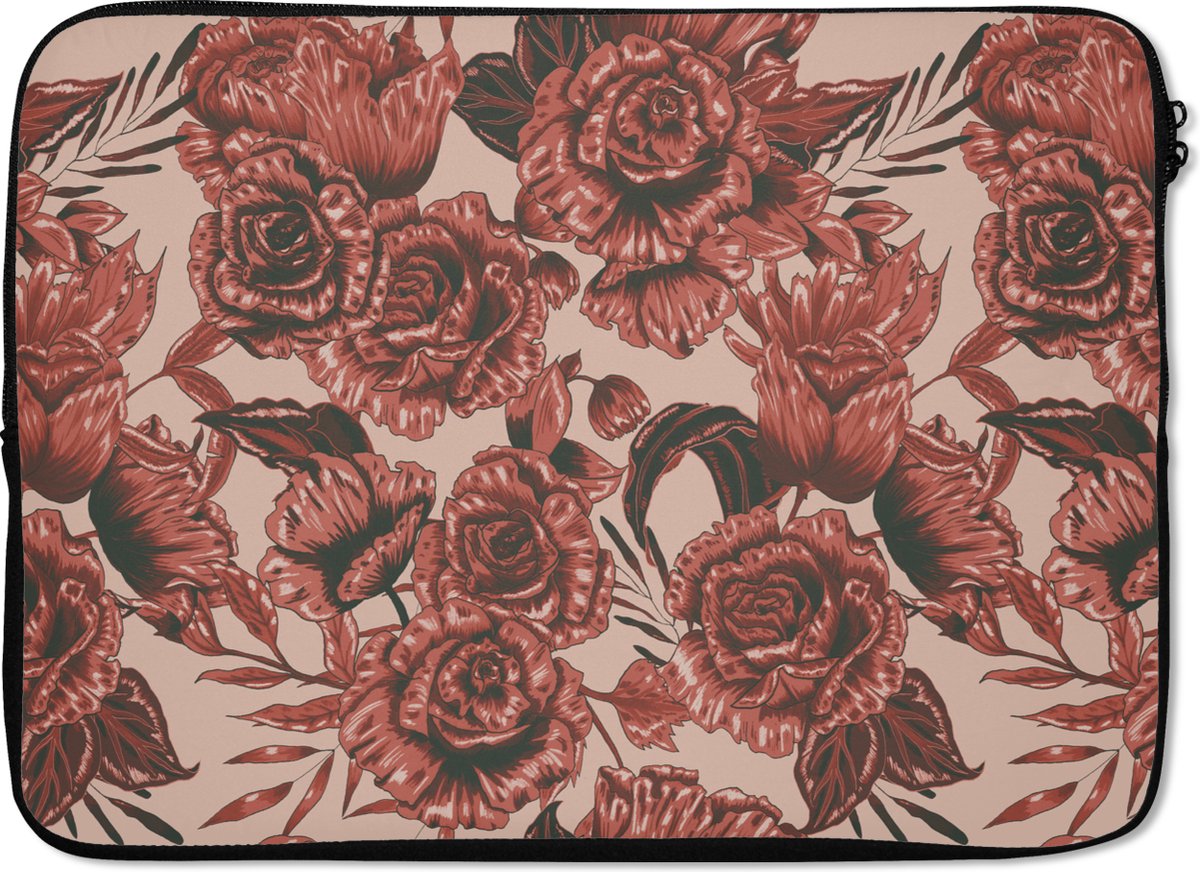 Laptophoes 14 inch - Roos - Patroon - Bloemen - Laptop sleeve - Binnenmaat 33x23 cm - Zwarte achterkant