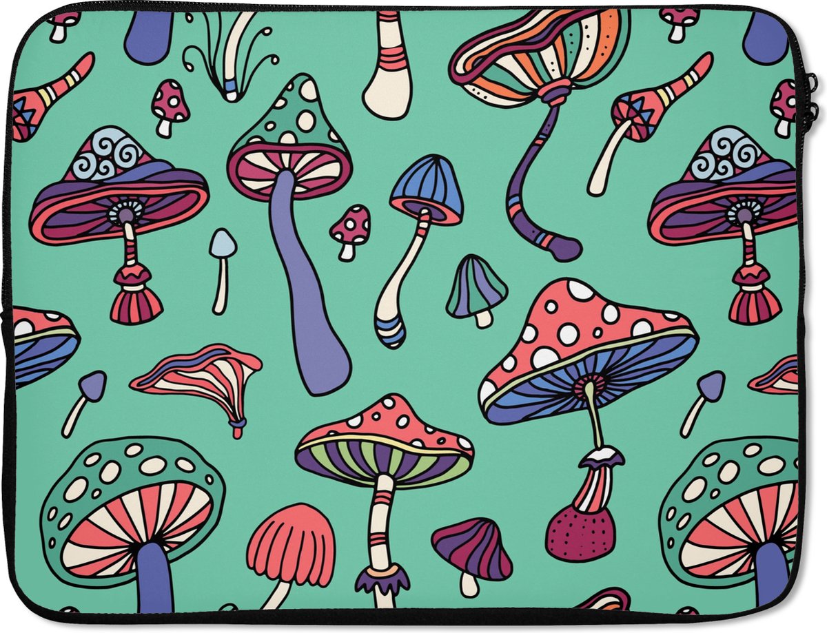 Laptophoes 17 inch - Patronen - Vintage - Paddenstoelen - Natuur - Laptop sleeve - Binnenmaat 41x28 cm - Zwarte achterkant - Back to school spullen - Schoolspullen jongens en meisjes middelbare school - Macbook air hoes - Chromebook sleeve