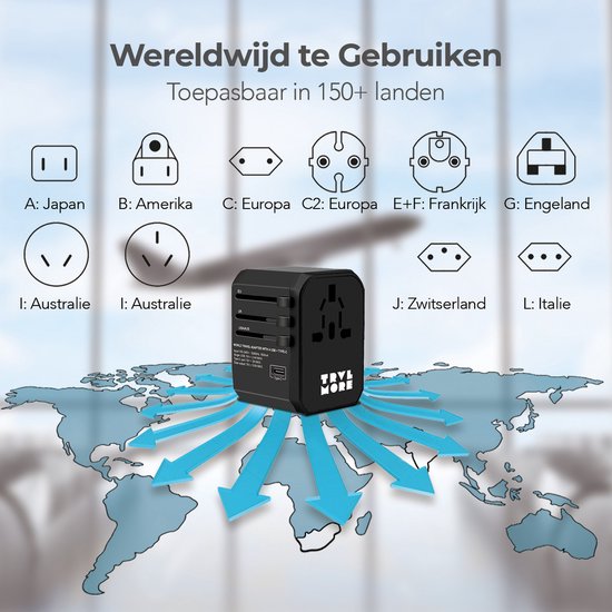TRVLMORE Universele Wereldstekker - USB-C en 4 USB Poorten - 2000W - Internationale Reisstekker - Zwart