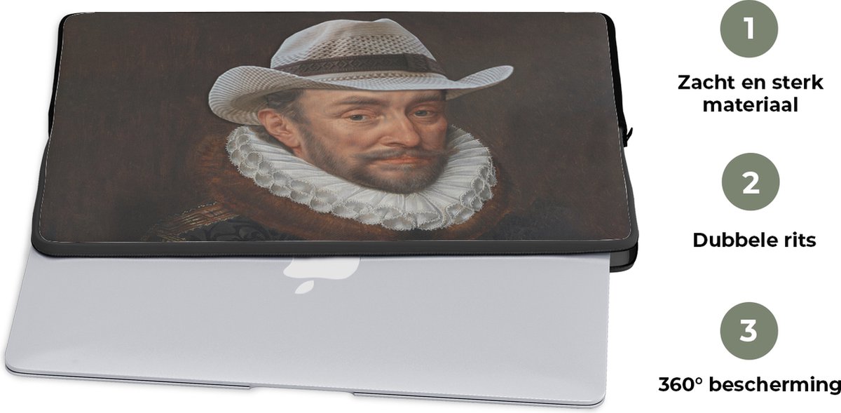 Laptophoes 17 inch - Willem van Oranje - Adriaen Thomasz - Cowboy - Laptop sleeve - Binnenmaat 42,5x30 cm - Zwarte achterkant