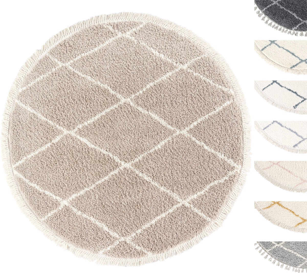 Vloerkleed Shaggy Rond, Tapijt, Beige, Hoogpolig, 155cm Cirkel, Superzacht, Franjes, Berber stijl