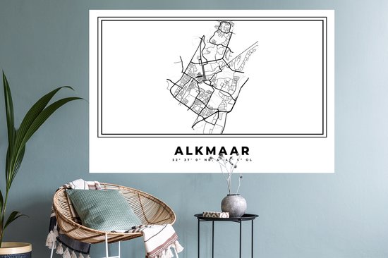 Stickers muraux - Pays- Nederland - Alkmaar - Plan de la ville - Carte - Zwart Wit - Carte - 120x80 cm - Feuille adhésive