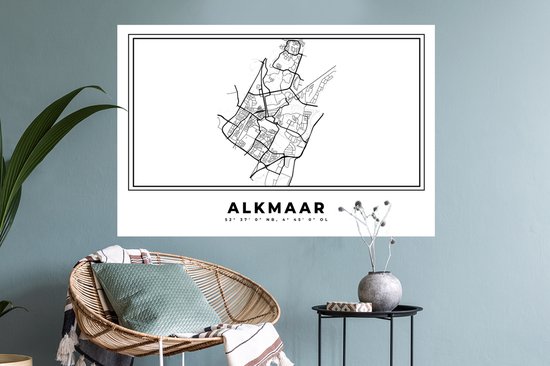 Stickers muraux - Pays Nederland - Alkmaar - Plan de la ville - Carte - Zwart Wit - Carte - 90x60 cm - Feuille adhésive