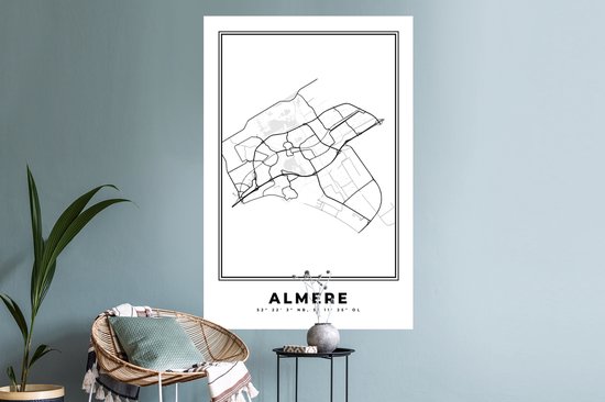 Stickers muraux - Plan de la ville - Zwart Wit - Carte - Almere - Pays- Nederland - Carte - 80x120 cm - Feuille adhésive