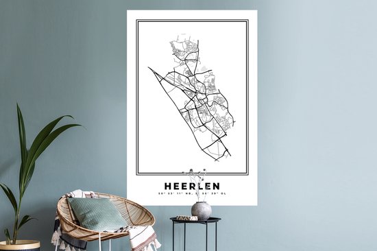Stickers muraux - Carte - Plan d'étage - Plan de la ville - Heerlen - Pays- Nederland - Zwart et Wit - 80x120 cm - Feuille adhésive