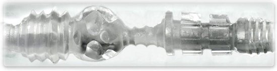 Gedetailleerde close-up van een doorzichtig Fleshlight insert met ribbels.