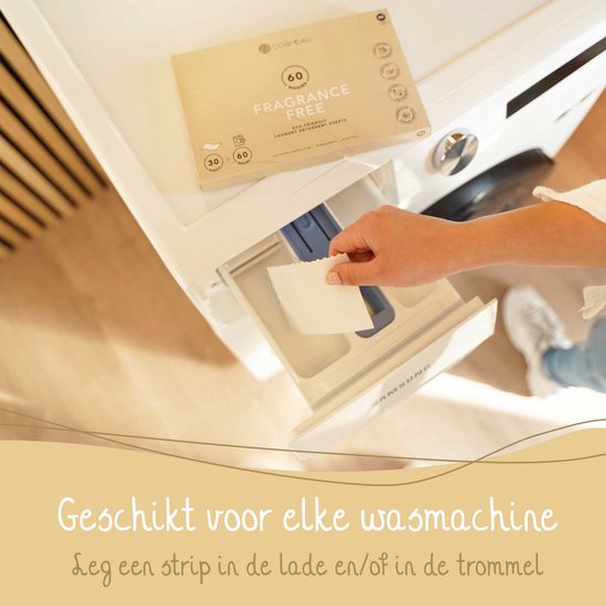 Een hand plaatst een geurloze wasstrip in de wasmachine. Geschikt voor elke wasmachine.