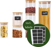 We love Bamboe - Set van 6 glazen voorraadpotten met labels - Glazen potten met bamboe deksel - 2100 ml - 1000 ml - 500 ml - 300 ml