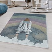 Tapis pour enfants à poil ras Motif de navette bateau de fusée Bleu