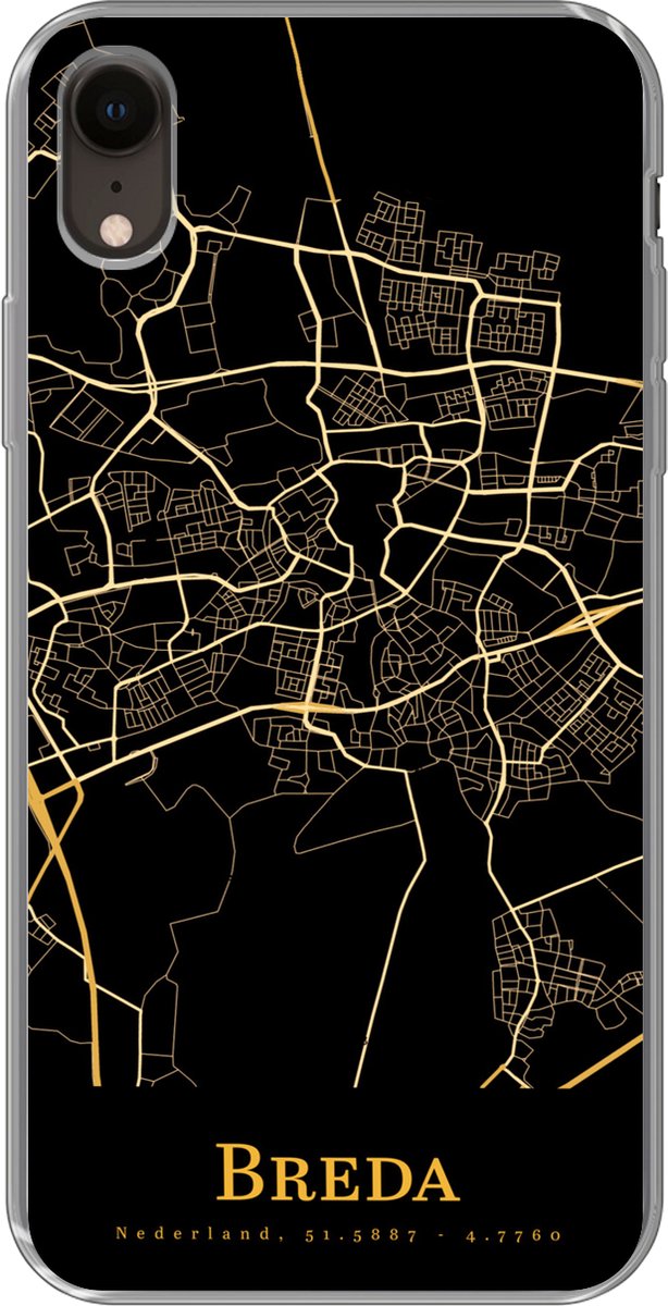 Telefoonhoesje Geschikt voor iPhone XR hoesje - Breda - Plattegrond - Goud - Zwart - Siliconen Telefoonhoesje Telefoonhoesje - Stadskaart