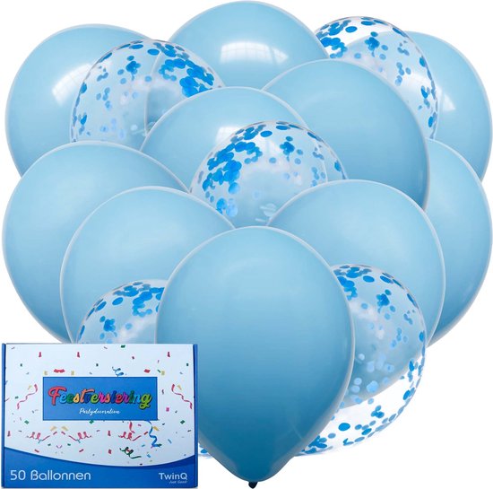 TwinQ 50x Blauwe Feest Confetti en Helium Ballonnen Set - Verjaardag Versiering - Babyborrel - Babyshower -  Sweet 16 Feest - Ballonnenboog - Latex