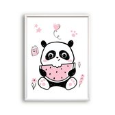 Poster Roze Panda Watermeloen Eten - Hartjes - Meisjeskamer - Babyshower / Geboorte Cadeau - Babykamer - 40x30cm - Postercity