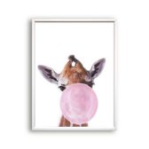 Schilderij  Jungle giraf met roze kauwgom - Jungle dieren / Kauwgombel / 40x30cm