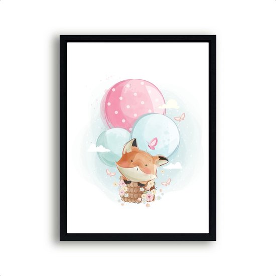 Schilderij  Vosje in een Luchtballon Cute - Kinderkamer - Dieren Schilderij - Babykamer / Kinder Schilderij - Babyshower Cadeau - Muurdecoratie - 40x30cm - FramedCity