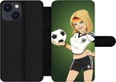 Bookcase Geschikt voor iPhone 13 Mini telefoonhoesje - Een illustratie van een meisje met Duitse kleding en een voetbal - Meiden - Meisjes - Kinderen - Met vakjes - Wallet case met magneetsluiting
