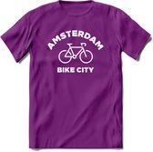 Amsterdam Bike City T-Shirt | Souvenirs Holland Kleding | Dames / Heren / Unisex Koningsdag shirt | Grappig Nederland Fiets Land Cadeau | - Paars - S