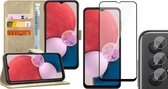 Samsung Galaxy A13 4G Hoesje - Book Case Leer Wallet Cover Portemonnee Pasjeshouder Hoes Goud - Full Tempered Glass Screenprotector - Camera Lens Protector
