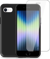 Geschikt voor iPhone SE 2022 Hoesje + Screenprotector – Gehard Glas Cover - Suède Case Zwart
