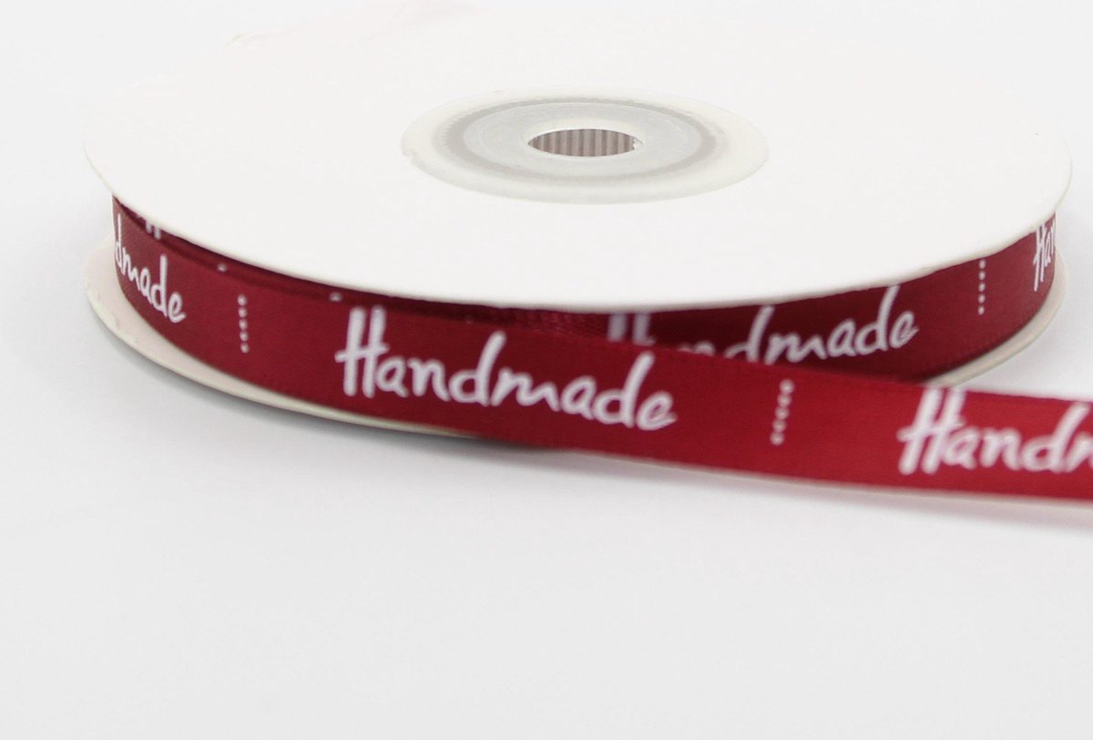 LEDUC Bedrukt Satijnen Lint "Handmade" 22m 10mm Glanzend Zacht Verpakking Cadeaupapier, Taarten Verpakking, Handgemaakt kleur Bordeaux