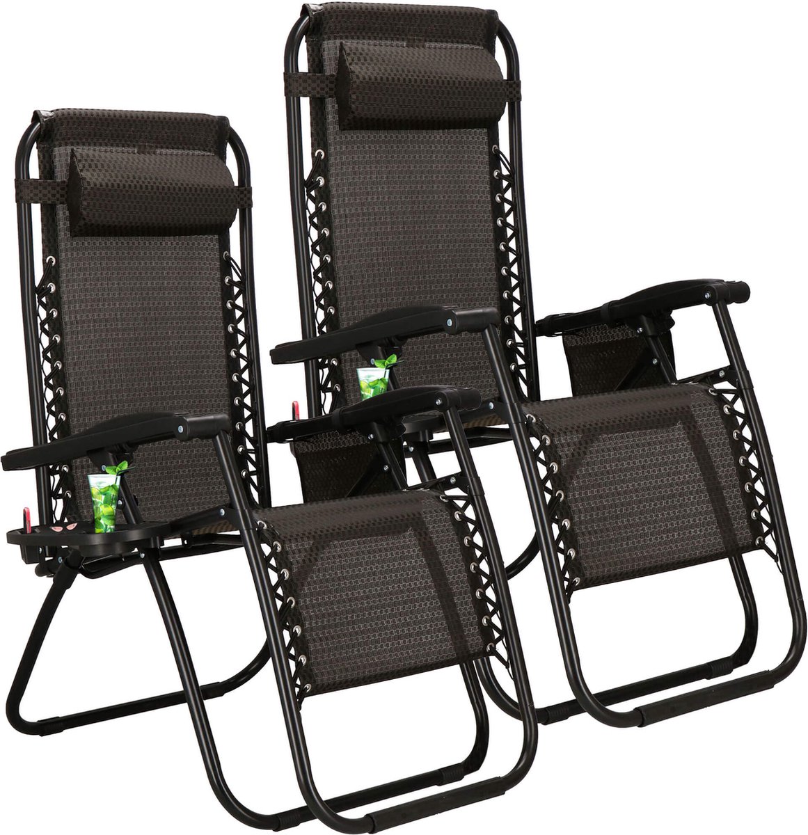 Springos Tuinstoelen | Ligstoel | Opvouwbaar | Verstelbaar | Ergonomische hoofdsteun | 2 Stuks | Bruin / Zwart