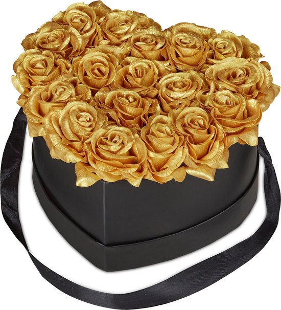 Relaxdays flowerbox met 18 bloemen - rozenbox - infinity rozen - goud | bol.com