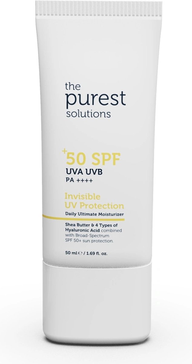 The Purest Solutions Invisible UV Protection Daily Intensive Moisturizer SPF 50+ | Vegan | Hyaluronzuur + Shea boter | > 8 uur Zonnebescherming | Alle huidtypes | Huidveroudering | Vermoeide huid