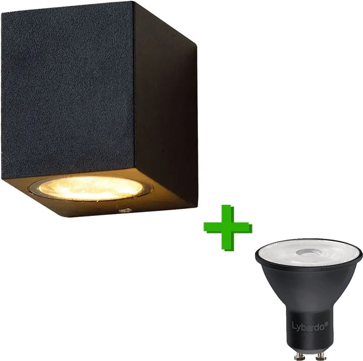 Buitenlamp - Wandlamp buiten - Badkamerlamp - Nice - Zwart - IP54 + zwarte Lybardo GU10 LED spot - 2.4 watt - 2700K warm wit