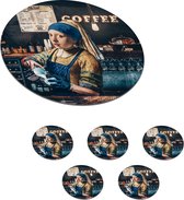 Onderzetters voor glazen - Rond - Koffie - Meisje met de parel - Barista - Vermeer - Cappuccino - Schilderij - 10x10 cm - Glasonderzetters - 6 stuks