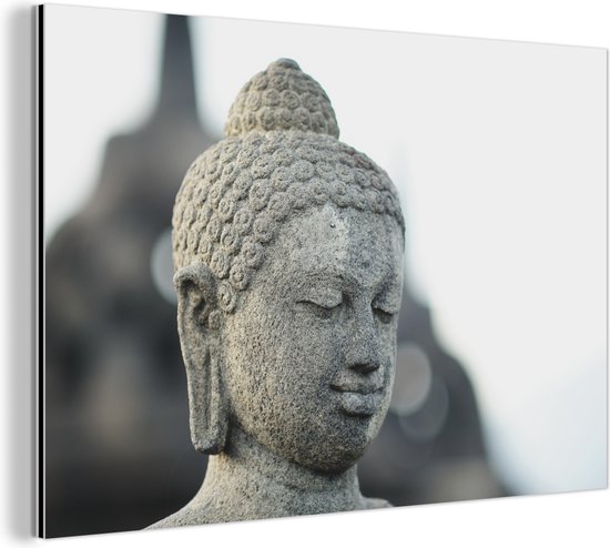Wanddecoratie Metaal - Aluminium Schilderij - Boeddha hoofdbeeld steen