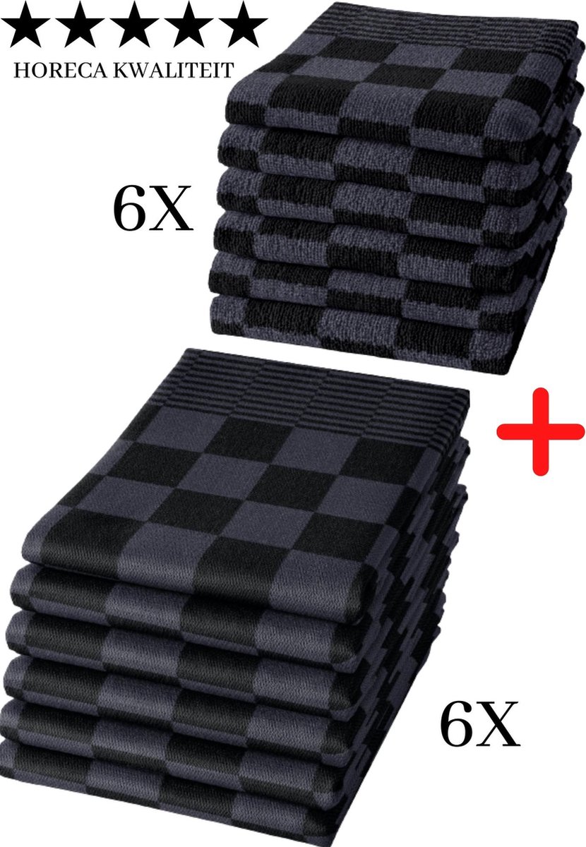 Droomtextiel® Horeca Kwaliteit Katoenen Theedoeken & Keukendoeken set - 6x Theedoeken + 6x Keukendoeken - Antraciet Zwart -