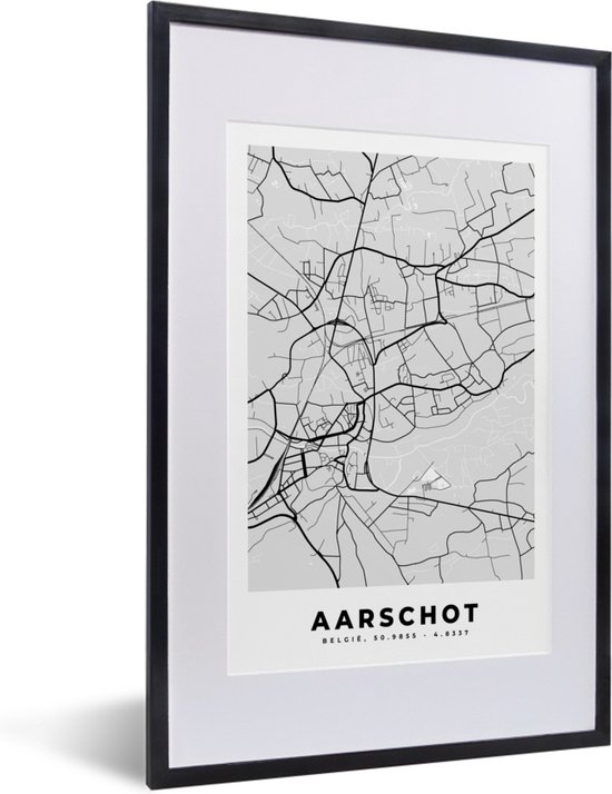 Fotolijst incl. Poster Zwart Wit- Kaart – Plattegrond – Stadskaart – Aarschot – België – Zwart Wit - 40x60 cm - Posterlijst