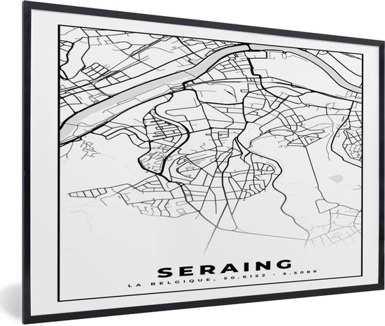 Fotolijst incl. Poster Zwart Wit- Zwart Wit – België – Plattegrond – Stadskaart – Kaart – Seraing - 30x20 cm - Posterlijst