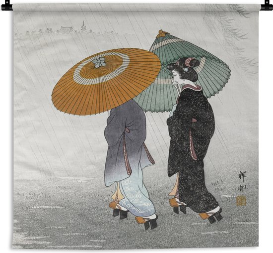 Wandkleed - Wanddoek - Vrouwen - Parasol - Kimono - Japandi - Vintage - 90x90 cm - Wandtapijt