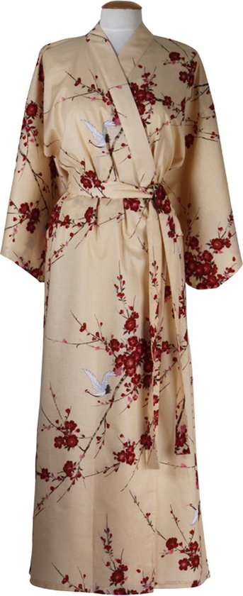 DongDong - Kimono japonais original - Katoen - Motif fleur de cerisier - Beige - L/XL