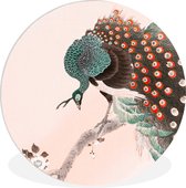 WallCircle - Wandcirkel ⌀ 60 - Pauwenveren - Vintage - Pauw - Bloemen - Japans - Ronde schilderijen woonkamer - Wandbord rond - Muurdecoratie cirkel - Kamer decoratie binnen - Wanddecoratie muurcirkel - Woonaccessoires