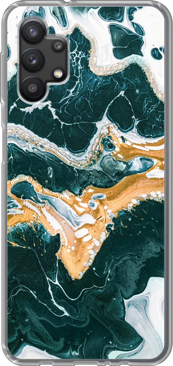 Telefoonhoesje Geschikt voor Samsung Galaxy A32 5G hoesje - Marmer print - Aqua - Goud - Siliconen Telefoonhoesje Telefoonhoesje