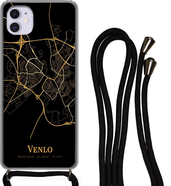 Telefoonkoord - Telefoonketting - Telefoonhoesje Geschikt voor iPhone 12 Mini - Venlo - Kaart - Black & gold - Siliconen - Crossbody - Telefoonhoesje met koord Telefoonhoesje