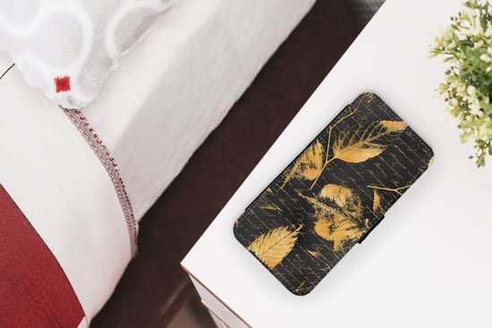 Bookcase pour iPhone 13 Mini Bookcase - Goud - Feuilles - Zwart - Avec compartiments - Étui portefeuille avec fermeture magnétique