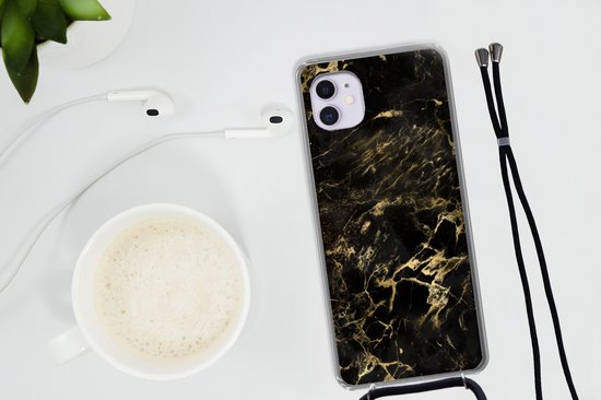 Cordon de téléphone - Chaîne de téléphone - Coque avec cordon iPhone 11 - Zwart - Or - Peinture - Siliconen - Bandoulière - Coque de téléphone avec cordon