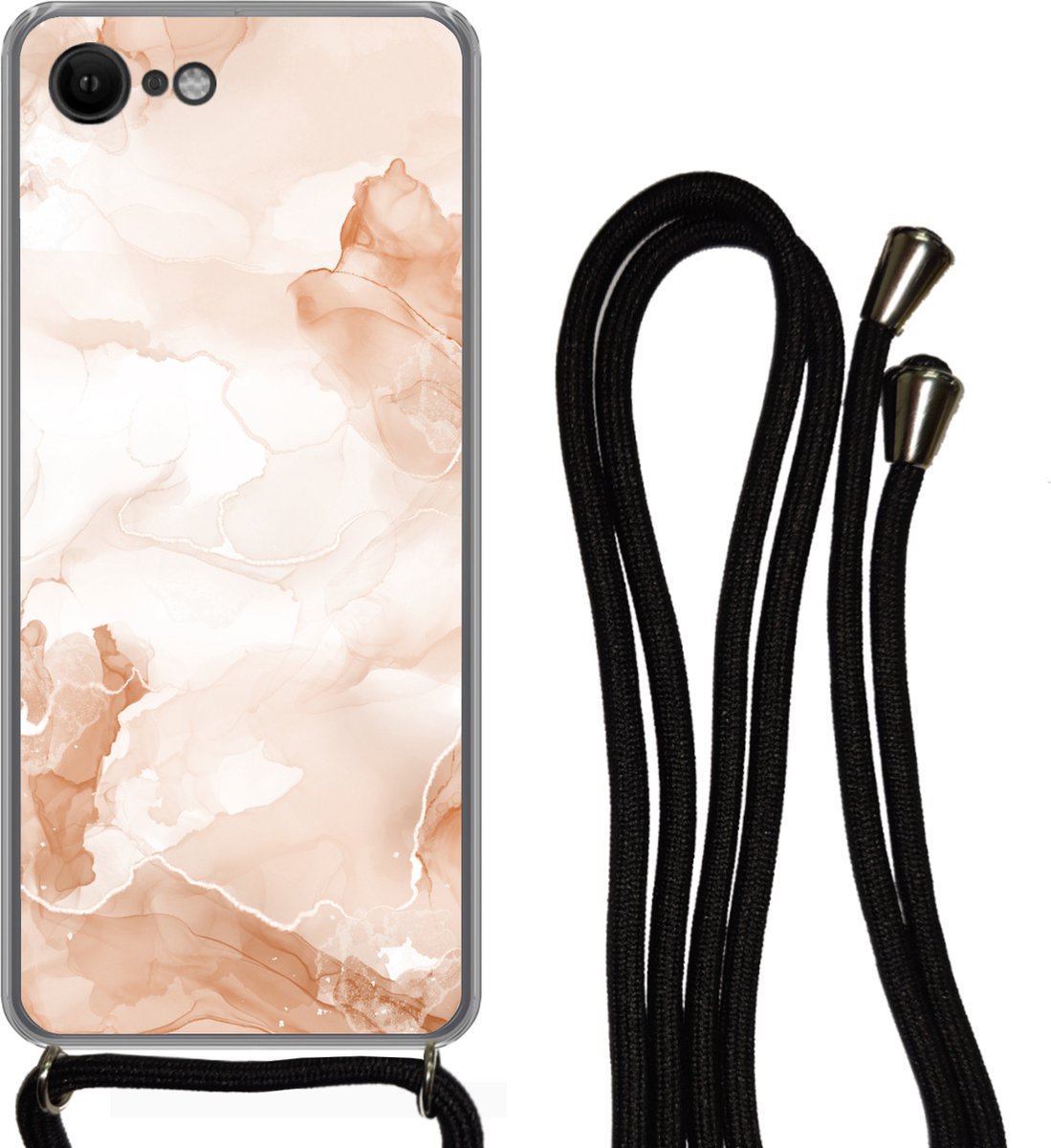 Telefoonkoord - Telefoonketting - Telefoonhoesje Geschikt voor iPhone 8 - Marmer print - Bruin - Rood - Siliconen - Crossbody - Telefoonhoesje met koord Telefoonhoesje