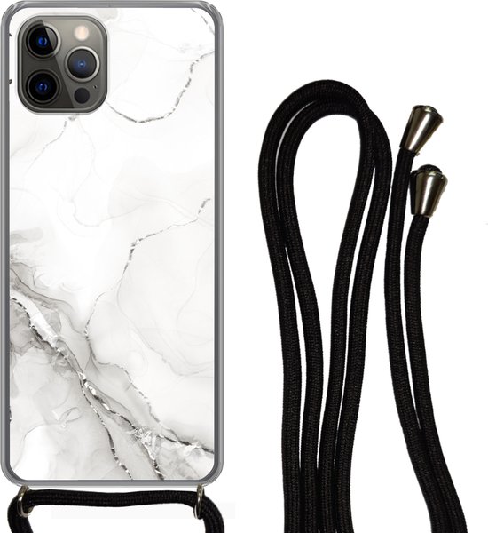 Coque avec cordon iPhone 13 Pro - Marbre - Wit - Motifs - Siliconen - Bandoulière - Coque arrière avec cordon - Coque pour téléphone avec cordon - Coque avec corde
