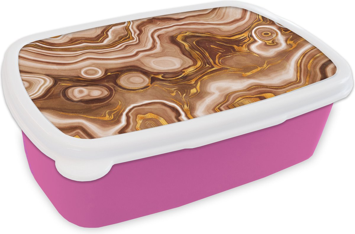 Broodtrommel Roze - Lunchbox - Brooddoos - Marmer - Gouden - Cirkel - 18x12x6 cm - Kinderen - Meisje