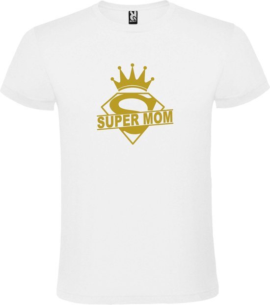 Wit T shirt met print van "Super Mom " print Goud size XS