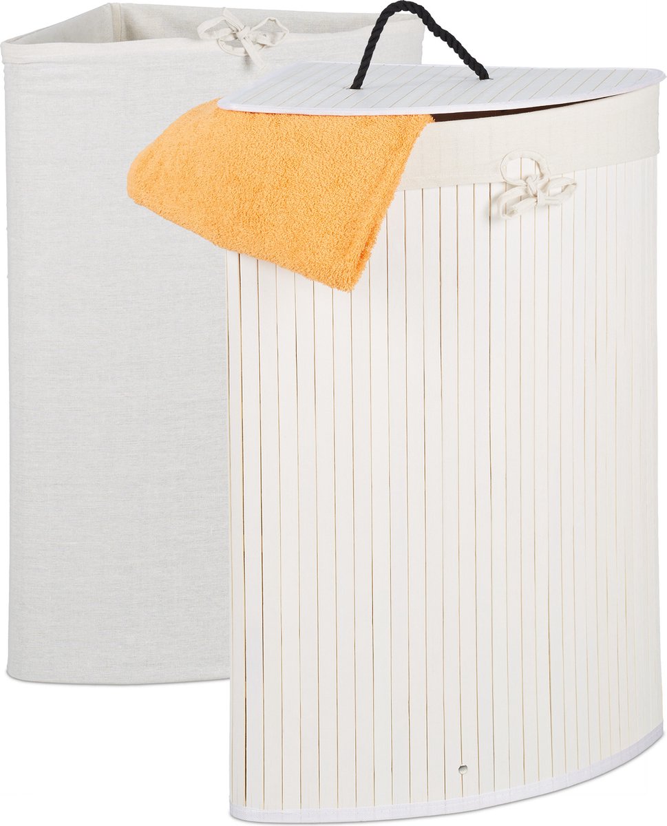 Relaxdays Hoekwasmand bamboe, opvouwbare wasmand 60 l, deksel