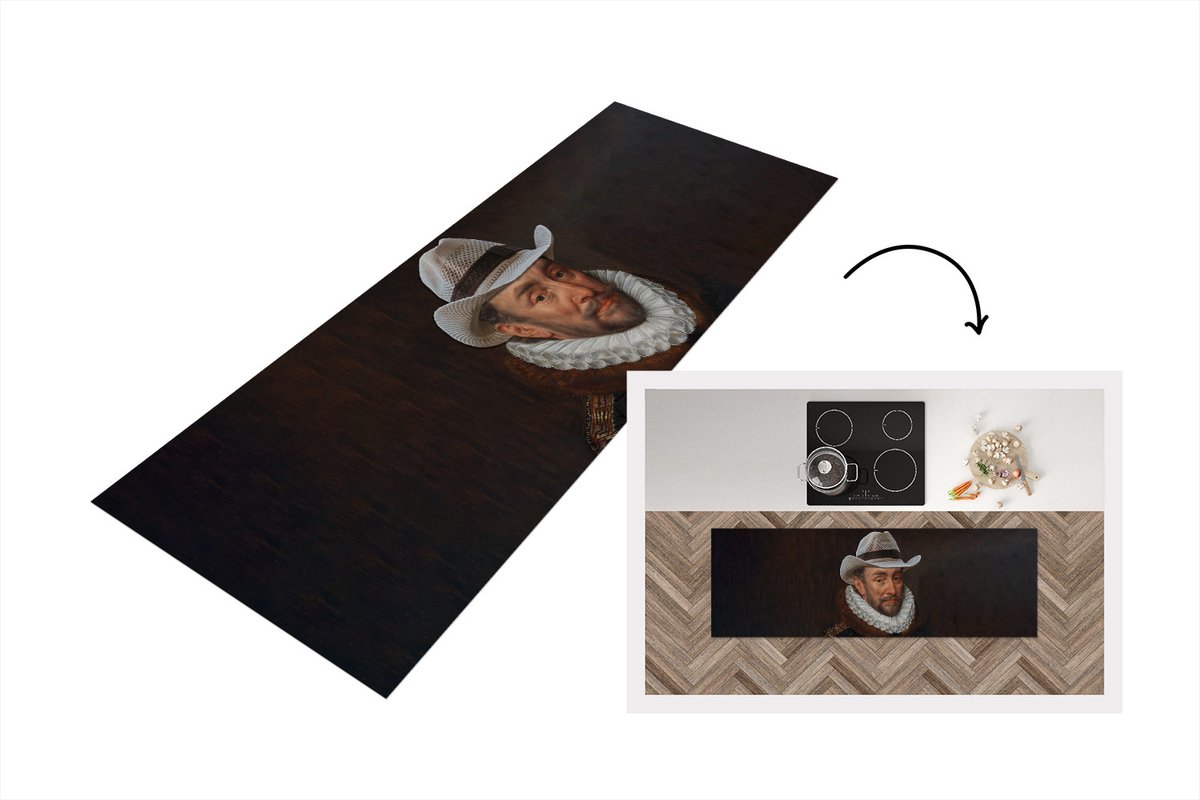 KitchenYeah Keukenloper - Loper keuken - Willem van Oranje - Adriaen Thomasz - Cowboyhoed - 180x60 cm - Keukenloper vinyl Multicolor